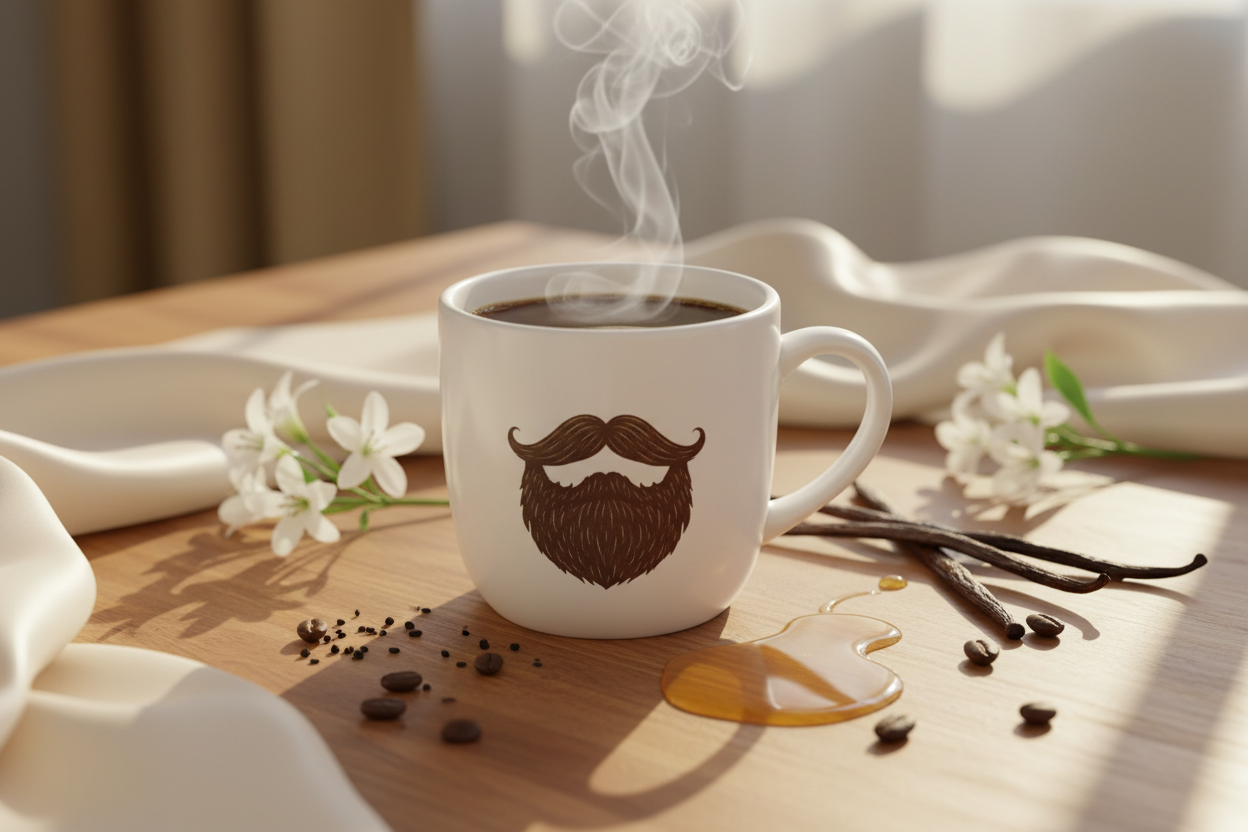 French Vanilla — steaming Beardo mug surrounded by split vanilla beans, soft cream silk fabric, delicate white flowers and golden honey drizzle, warm creamy morning light