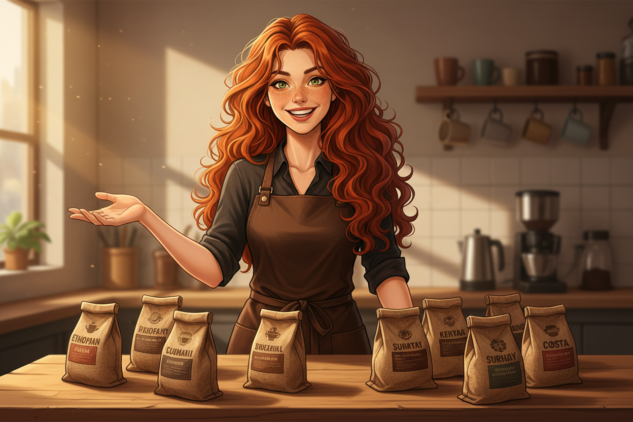 Hazel, Beardo's Brews Ambassador of Good Vibes, at a kitchen counter with six small single origin coffee bags spread out in front of her, delighted adventurous grin, hair loose and wild — she's been to every origin in this box