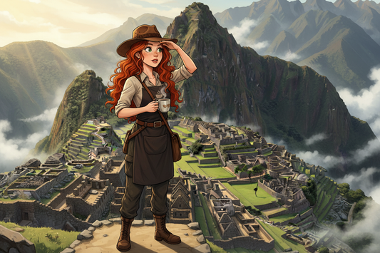 Hazel, Beardo's Brews Ambassador of Good Vibes, in her adventure fedora at Machu Picchu at sunrise, Incan citadel and Andes mountains surrounding her, steaming coffee in hand