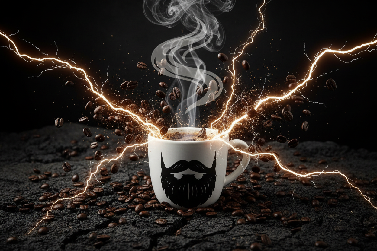 Max Caf Blend — steaming Beardo mug surrounded by an explosion of whole coffee beans and robusta beans, dramatic high-contrast lightning energy lighting, maximum caffeine intensity