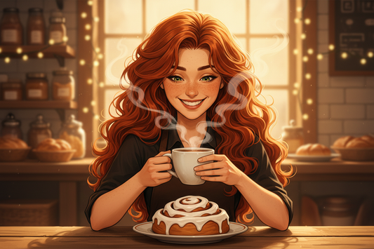 Hazel, Beardo's Brews Ambassador of Good Vibes, sitting at a cozy bakery table holding a steaming coffee mug, eyeing a giant iced cinnamon roll with pure joy and zero guilt, hair loose and wild, warm golden bakery light