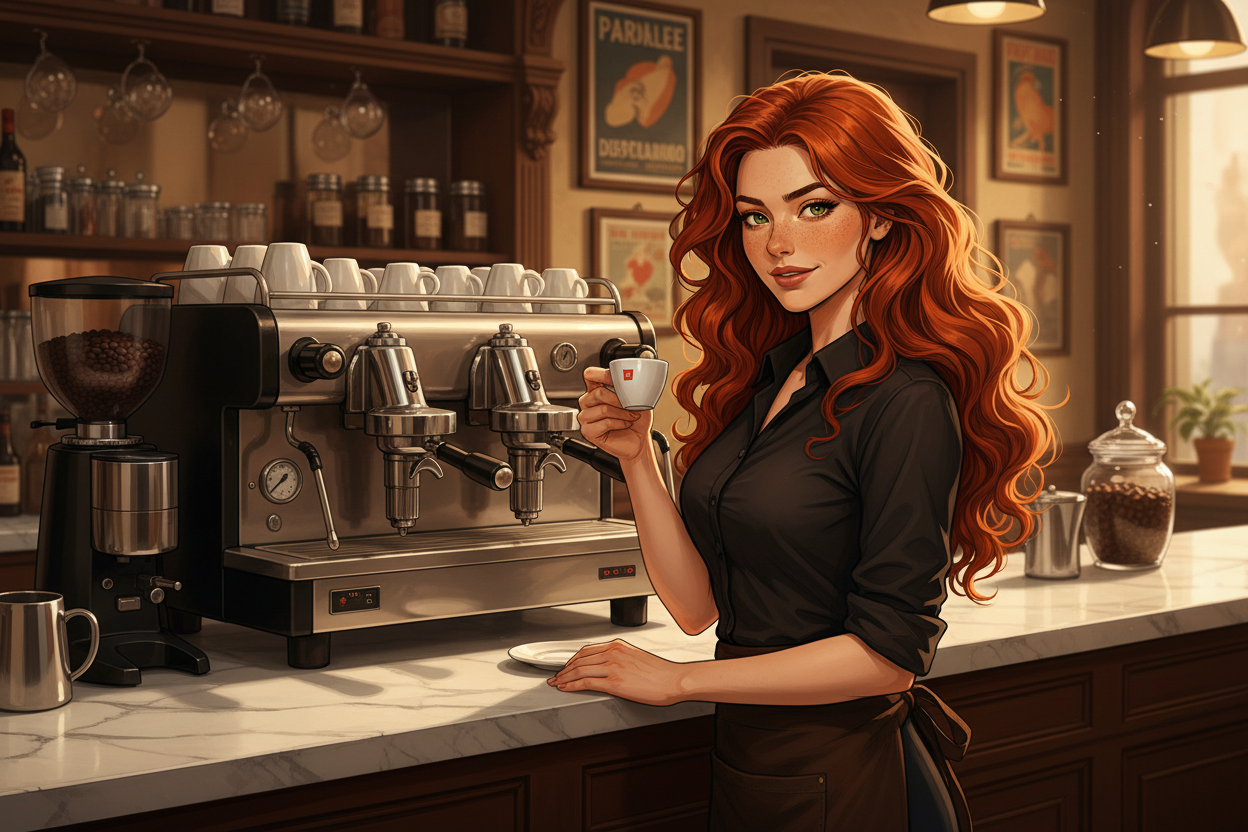 Hazel, Beardo's Brews Ambassador of Good Vibes, standing at a classic Italian espresso bar marble counter, holding a tiny espresso cup, hair loose and wild, warm amber Italian café light, gleaming espresso machine behind her