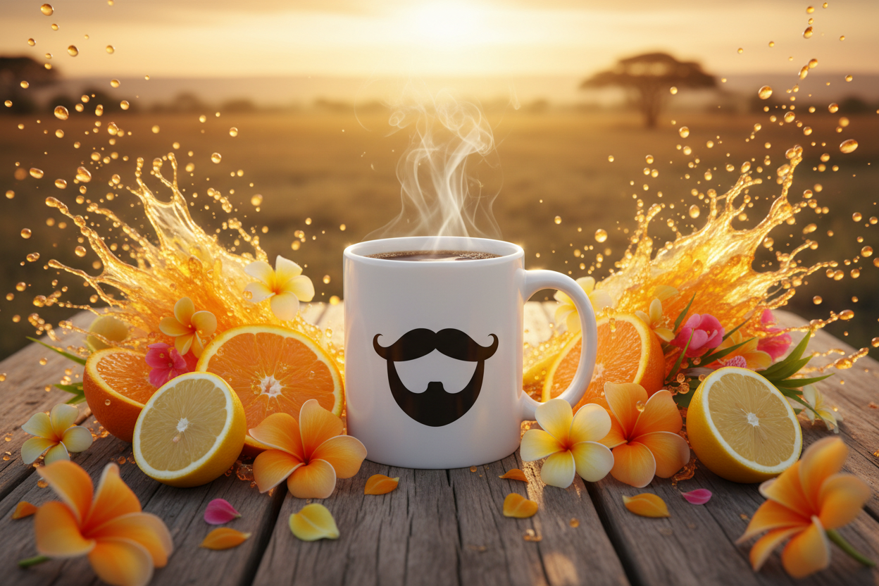 Kenya — steaming Beardo mug surrounded by fresh orange slices, lemon wedges, bright tropical flowers and effervescent citrus droplets, warm golden Kenyan savanna light behind