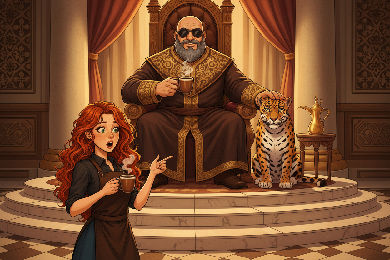 Beardo, the Sultan of Coffee, seated on his oak and gold throne holding a steaming coffee cup firmly in his right hand, left hand resting on Hazel's jaguar, while Hazel stands at peasant's distance below pointing at the jaguar in absolute shock