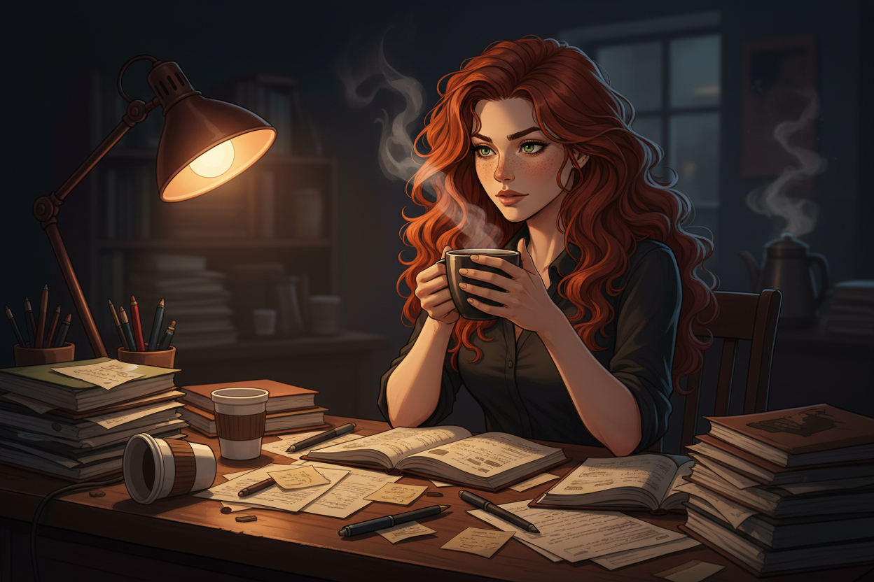 Hazel, Beardo's Brews Ambassador of Good Vibes, sitting at a cluttered desk late at night holding a steaming dark coffee mug, warm desk lamp light, papers and notes everywhere, hair loose and wild, intensely focused, powered by dark roast and functional mushrooms