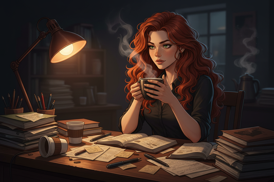 Hazel, Beardo's Brews Ambassador of Good Vibes, sitting at a cluttered desk late at night holding a steaming dark coffee mug, warm desk lamp light, papers and notes everywhere, hair loose and wild, intensely focused, powered by dark roast and functional mushrooms
