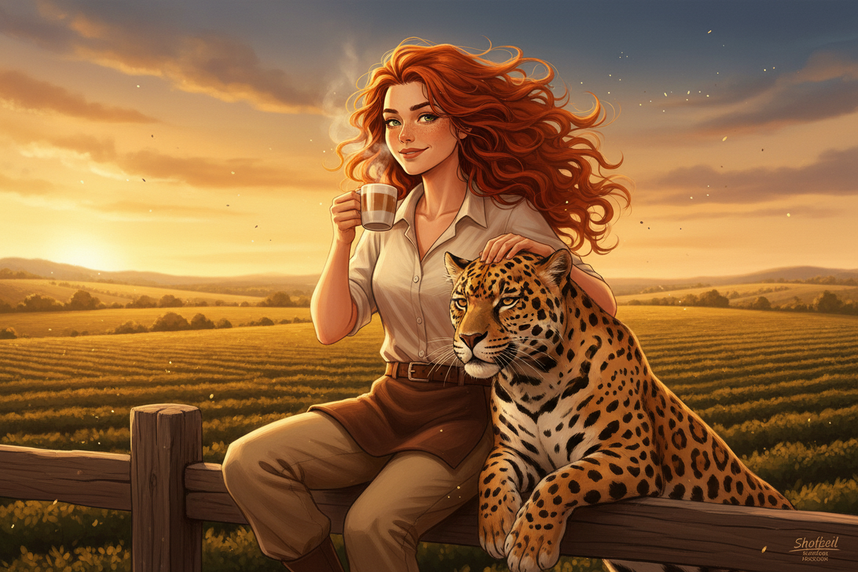 Hazel, Beardo's Brews Ambassador of Good Vibes, sitting on a fence post at golden hour in the Brazilian Cerrado savanna, casually sipping coffee with one hand and petting a large spotted jaguar sitting beside her, endless coffee farms behind