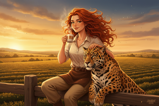Hazel, Beardo's Brews Ambassador of Good Vibes, sitting on a fence post at golden hour in the Brazilian Cerrado savanna, casually sipping coffee with one hand and petting a large spotted jaguar sitting beside her, endless coffee farms behind
