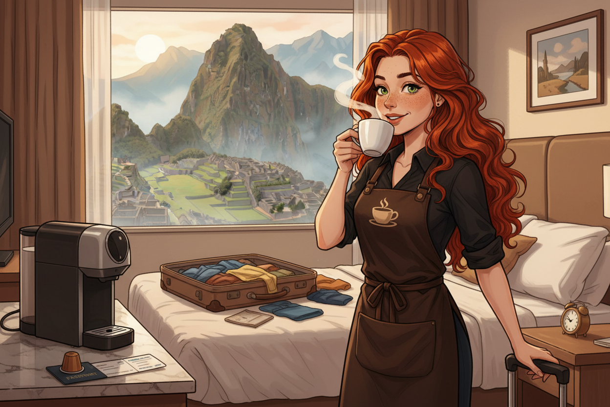Hazel, Beardo's Brews Ambassador of Good Vibes, in a Peruvian hotel room on checkout morning, suitcase packed, Machu Picchu out the window, savoring a single serve capsule coffee completely unbothered