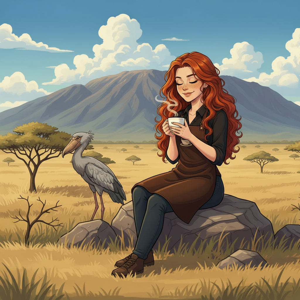 Hazel discovers Uganda coffee on the misty slopes of Mount Elgon, with a rare Shoebill Stork nearby