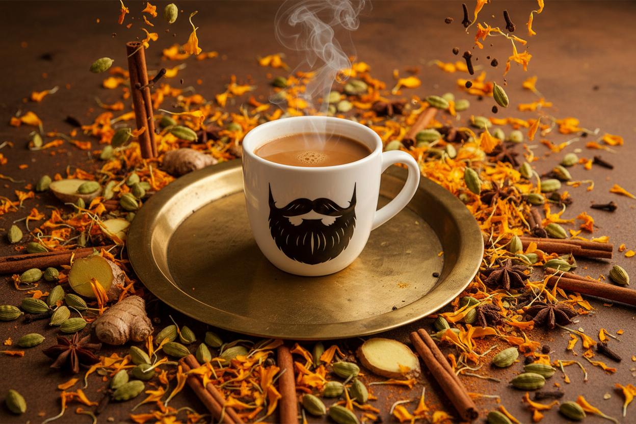 Masala Chai — steaming Beardo mug surrounded by cardamom pods, cinnamon sticks, star anise, cloves, fresh ginger and marigold petals, warm saffron and amber Indian spice market tones