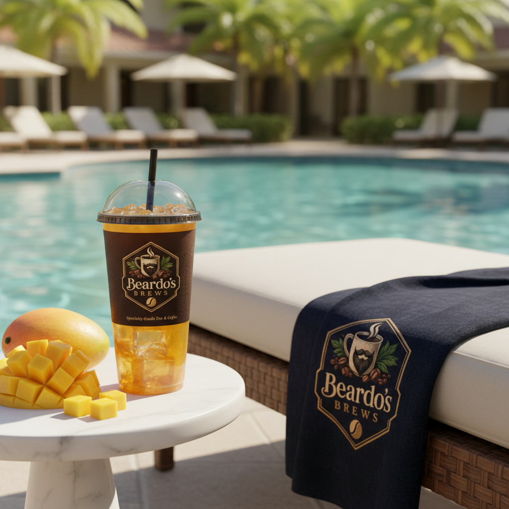 Mango Treat Tea — Beardo's iced cup on poolside table, Beardo's logo towel on chaise lounge, tropical resort