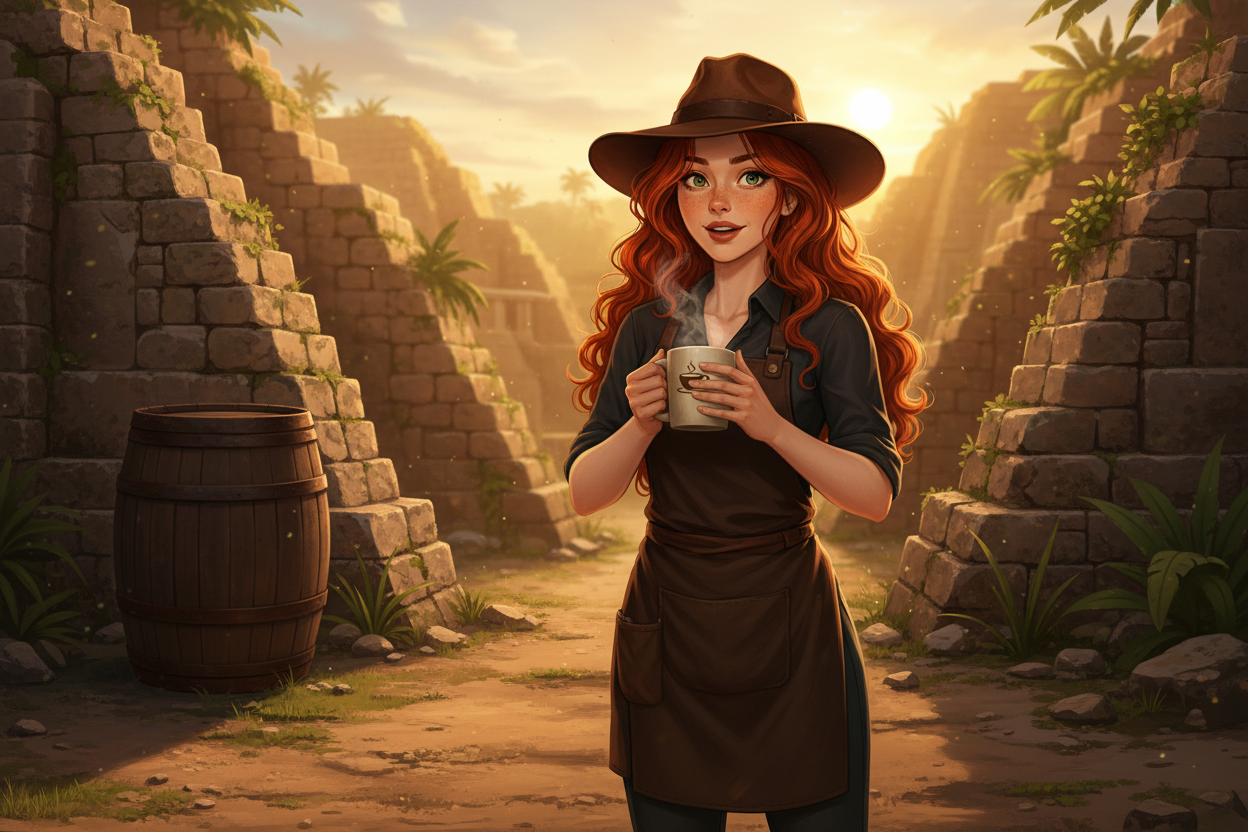 Hazel, Beardo's Brews Ambassador of Good Vibes, standing near ancient Mayan ruins at golden hour wearing her fedora, holding a steaming coffee mug with both hands and staring at it with pure reverence, a weathered bourbon barrel visible behind her