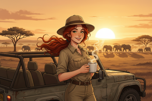 Hazel, Beardo's Brews Ambassador of Good Vibes, in a safari hat with red curly ponytail standing in an open safari jeep at golden hour in the Kenyan Rift Valley, steaming coffee in hand, elephants crossing the savanna behind her