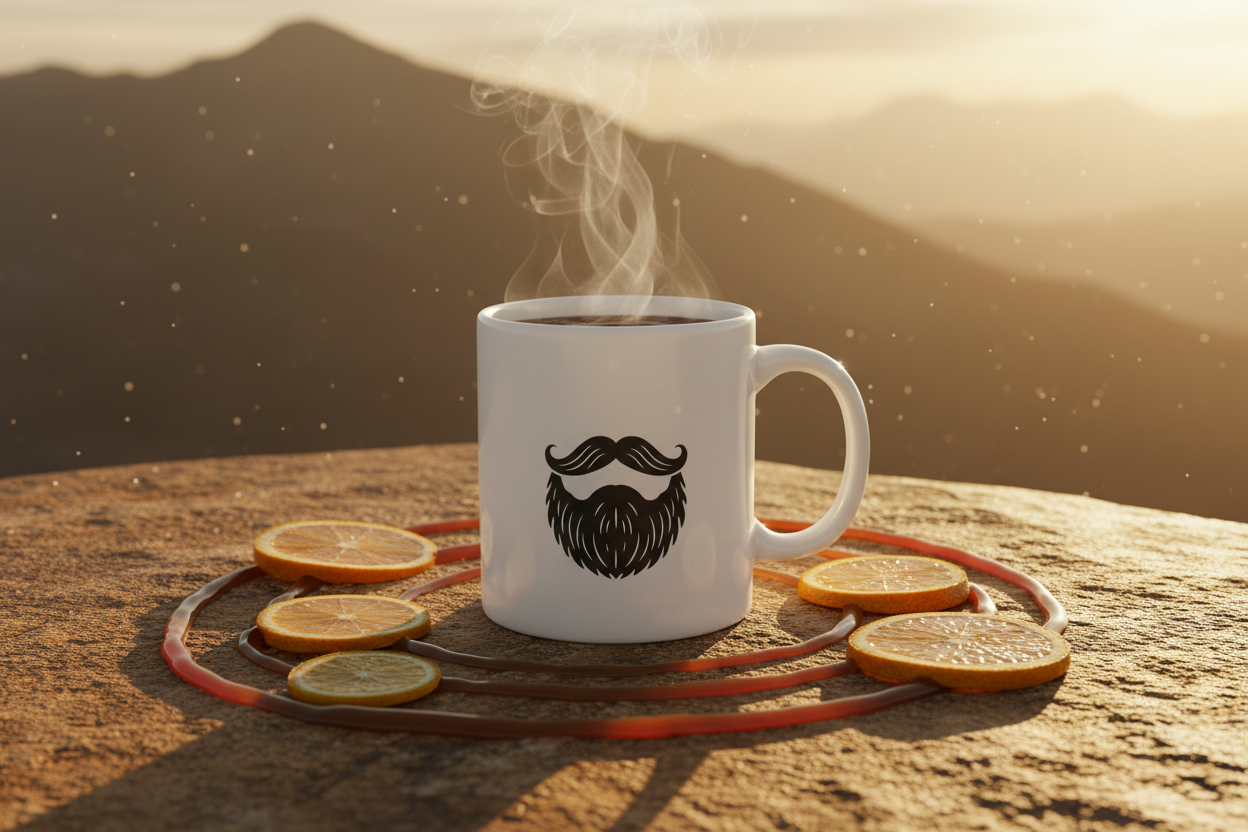 Peru Decaf — Beardo's branded mug with mustache and full beard, caramel drizzle, fresh citrus slices, warm golden sunset tones on ancient stone, peaceful Andean energy
