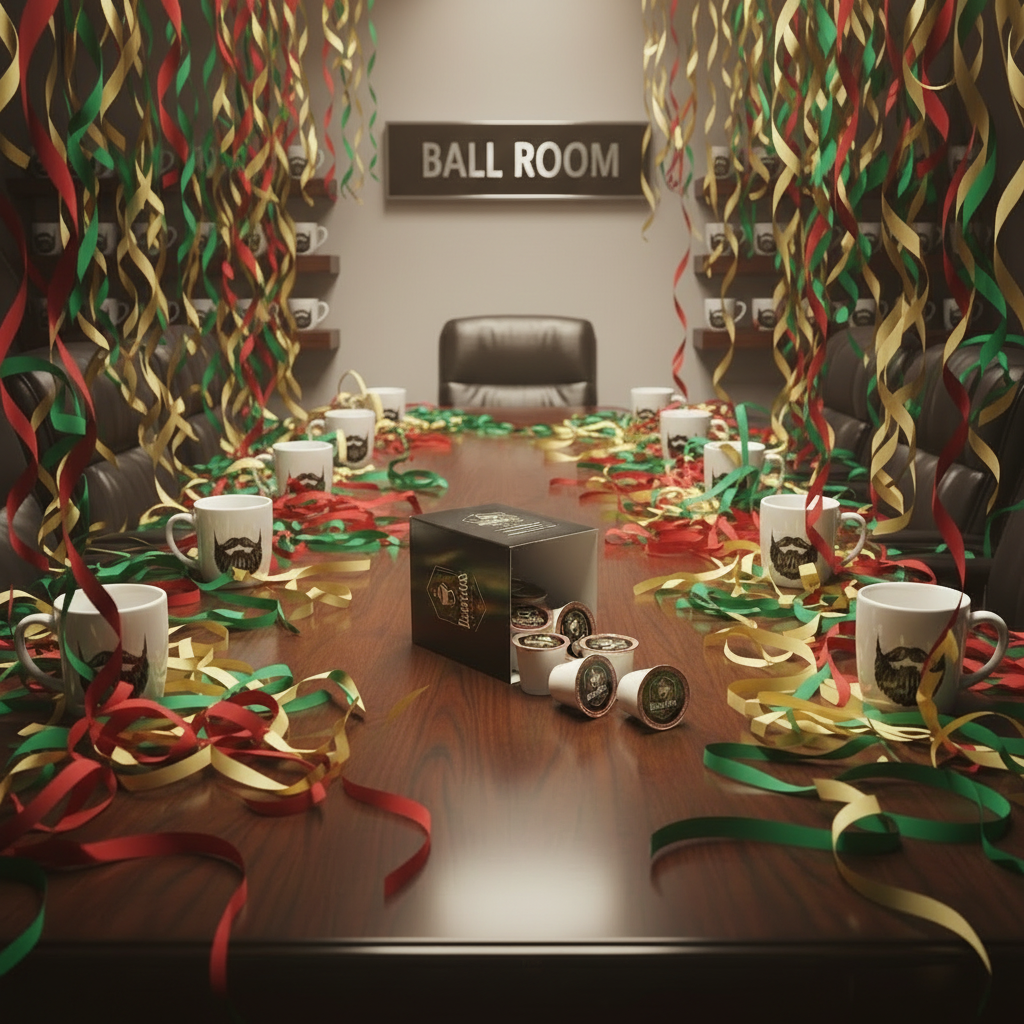 60 Pack — The Ball Room, 12 bearded mugs at the table, 48 more on shelves, gold green red streamers, Ball Room sign on wall