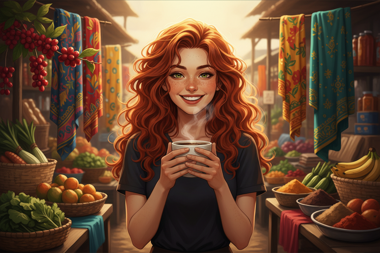 Hazel, Beardo's Brews Ambassador of Good Vibes, standing in a vibrant East African open-air market surrounded by colorful woven baskets, bright African fabrics and coffee cherry branches, holding a steaming coffee cup, hair loose and wild