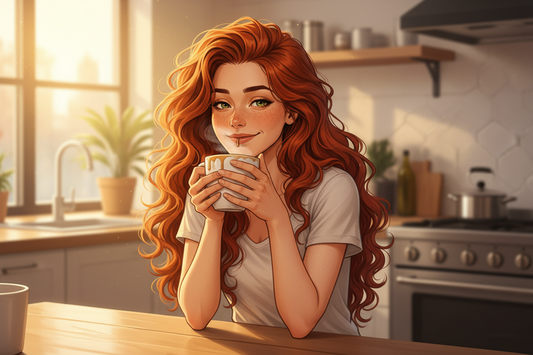 Hazel, Beardo's Brews Ambassador of Good Vibes, sitting at a kitchen counter in the morning holding a steaming coffee mug with caramel drizzle on the rim, dreamy half-awake expression, hair gloriously wild, warm golden morning light — awake or still dreaming, impossible to tell