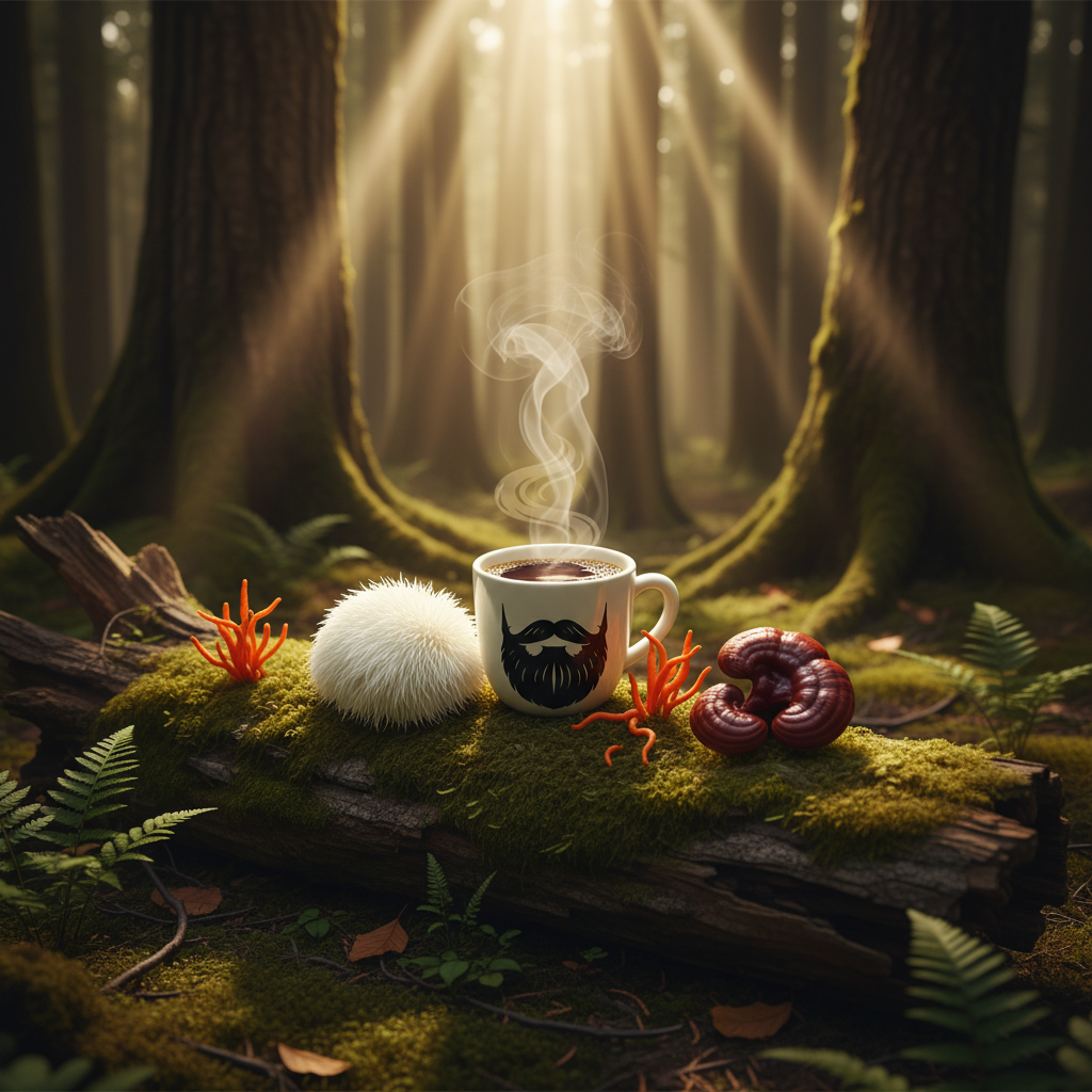 Coffee with Mushrooms Medium Roast — bearded mug on mossy log, lion's mane, cordyceps and reishi mushrooms, enchanted forest