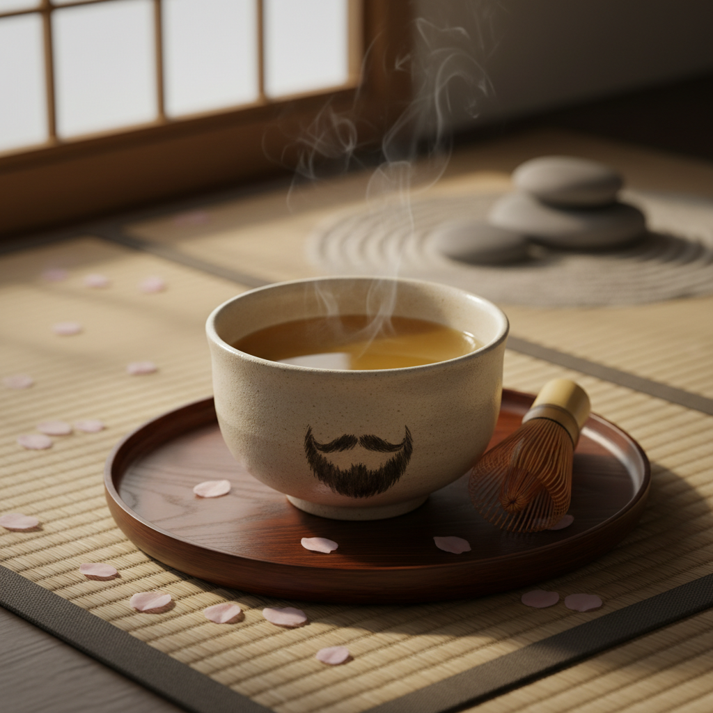 Hojicha — traditional Japanese ceramic chawan bowl with ink brush beard illustration, bamboo whisk, shoji light, cherry blossoms