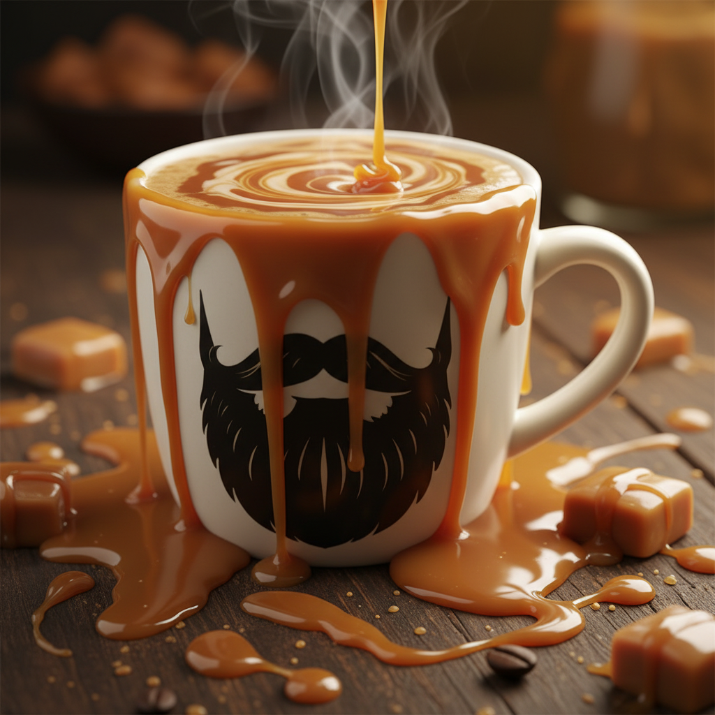 Caramel Coffee — bearded mug drenched in caramel drizzle
