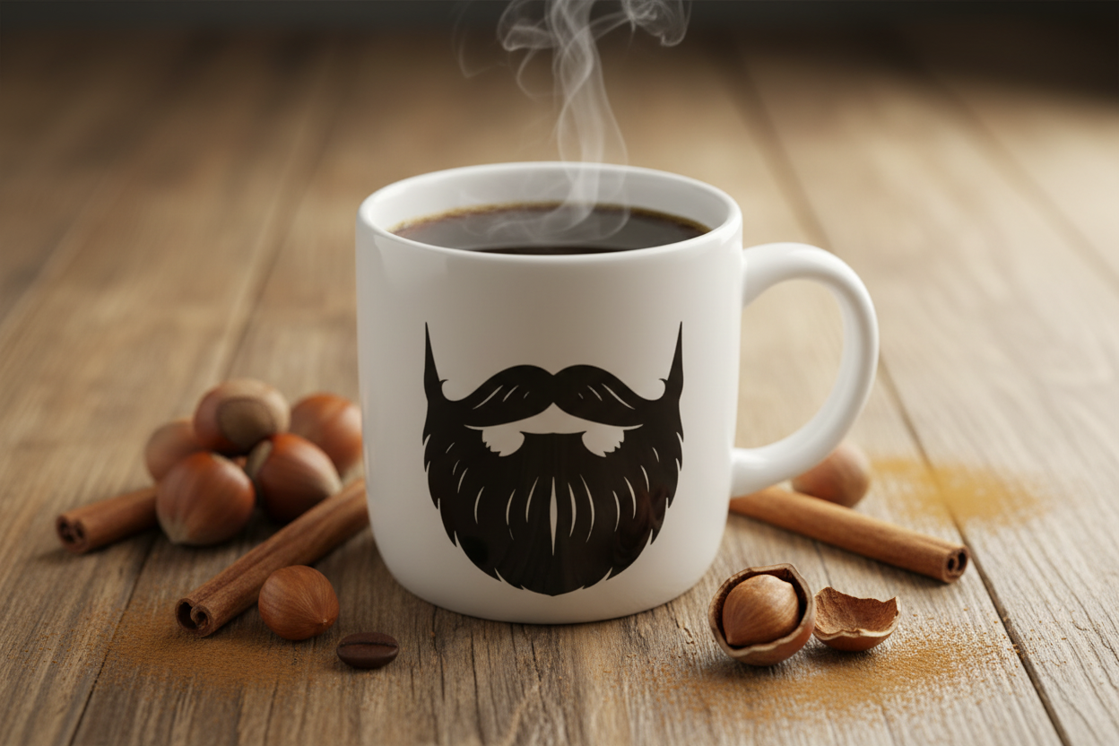 Cinnamon Hazelnut — steaming Beardo mug surrounded by cinnamon sticks, whole and cracked hazelnuts, cinnamon powder dusted softly, warm amber and brown autumn tones, soft cozy Sunday morning light