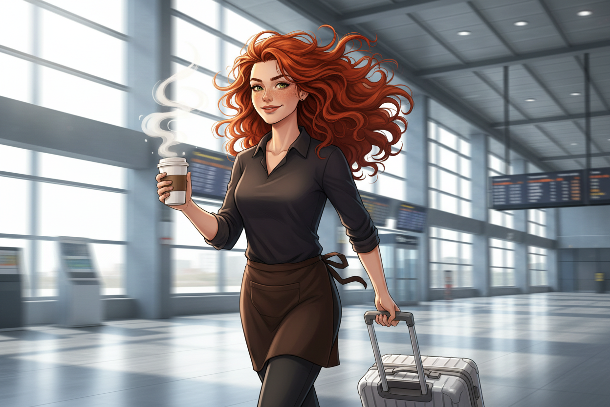 Hazel, Beardo's Brews Ambassador of Good Vibes, at an airport holding a steaming instant coffee cup and pulling a carry-on, hair loose and wild, breezy confident grin, the energy of someone with zero time and zero regrets