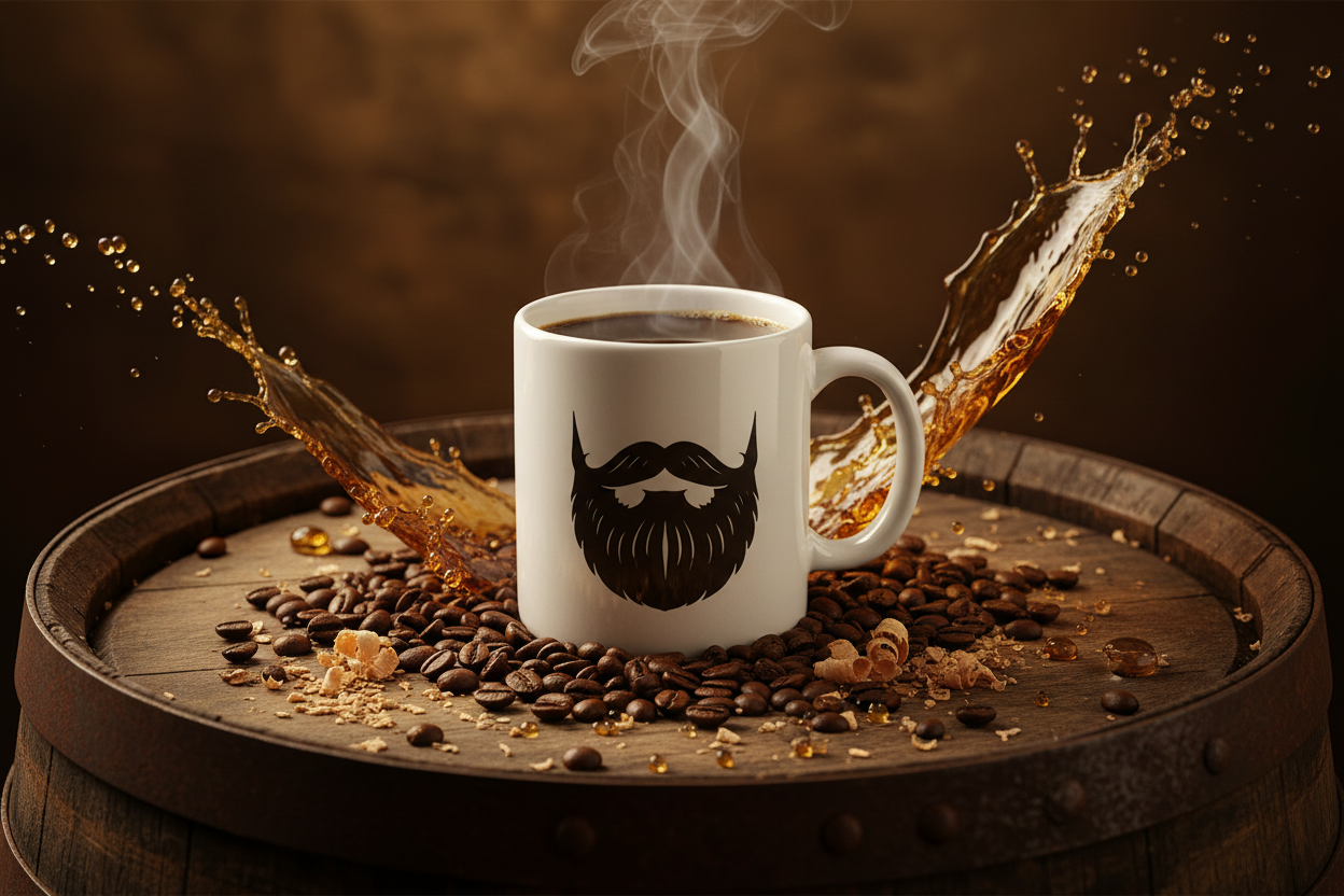 Whiskey Barrel Aged — steaming Beardo mug sitting on a weathered oak bourbon barrel surrounded by whole roasted coffee beans, golden whiskey droplets and oak wood shavings, warm rich amber and gold tones