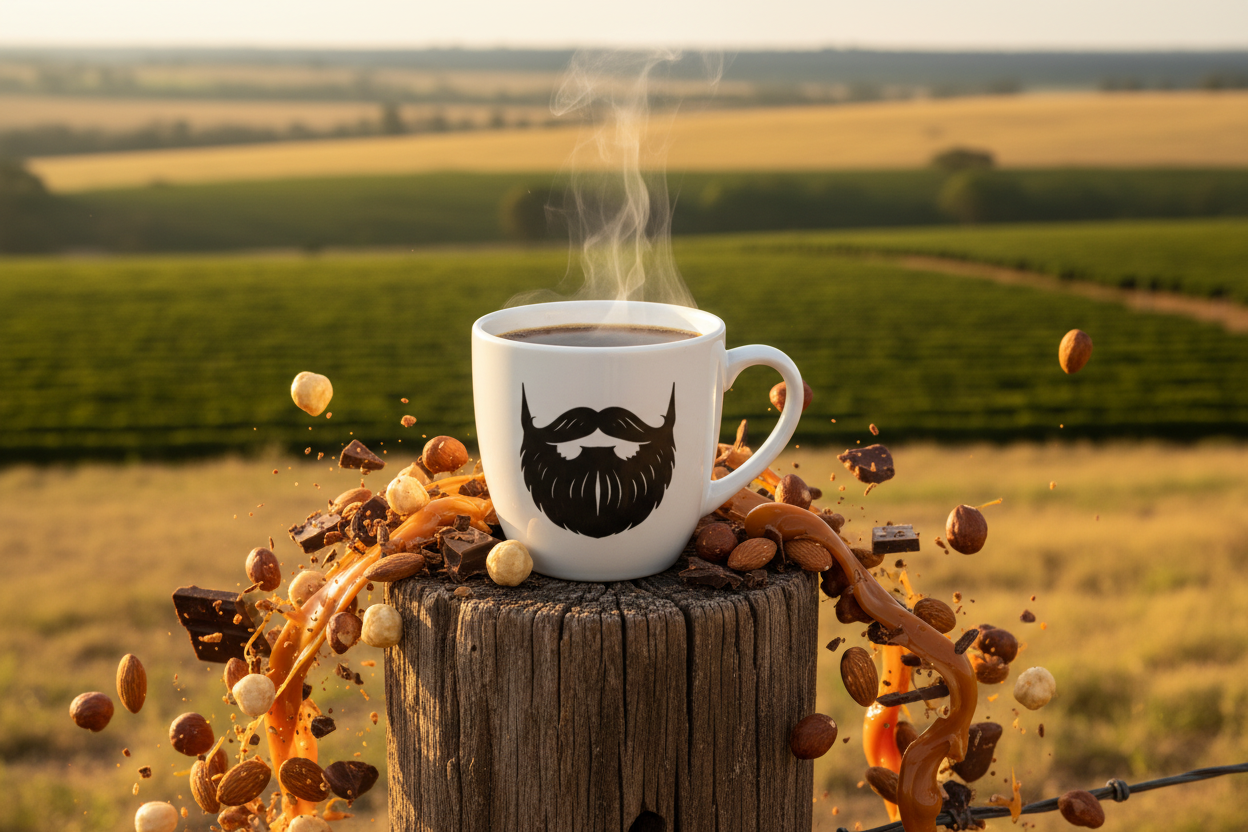 Brazil Santos — steaming Beardo mug surrounded by roasted hazelnuts, almonds, dark chocolate pieces and caramel tones, vast golden Brazilian Cerrado savanna behind