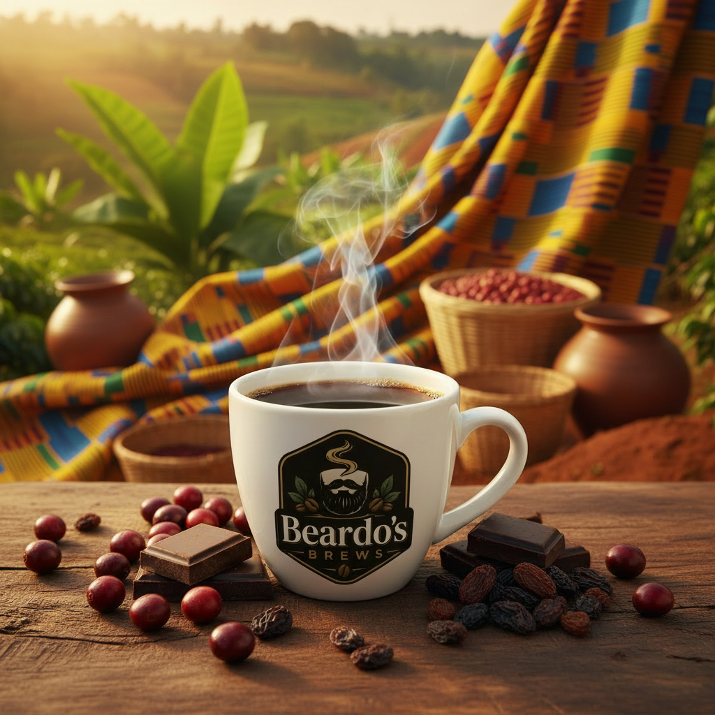 African Kahawa Blend — steaming Beardo mug surrounded by toffee, caramel drizzle, dark chocolate shards, red fruits, cherries and black currants, vibrant African fabric and warm golden light behind.