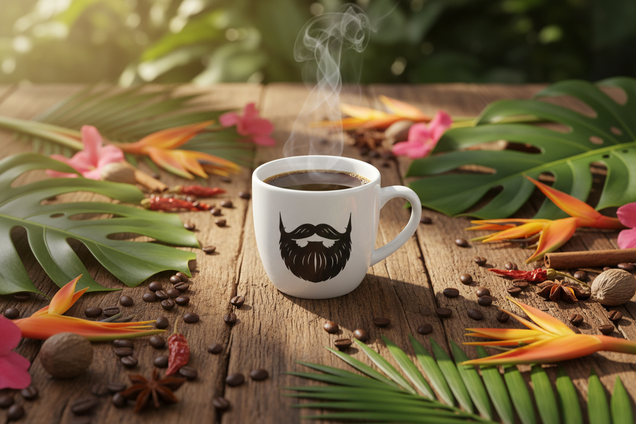 Kopi Safari — steaming Beardo mug surrounded by lush tropical leaves, bright exotic flowers and whole coffee beans, warm dappled tropical jungle light behind