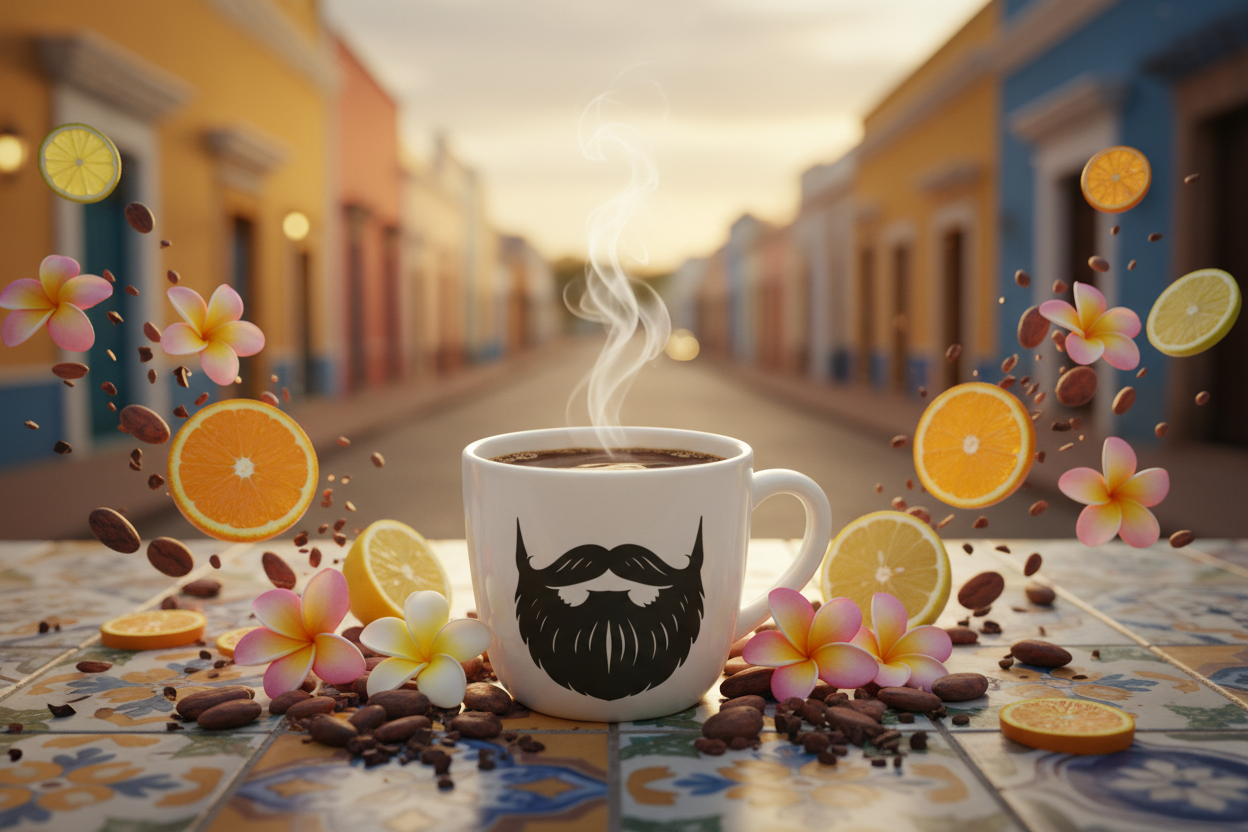 Nicaragua — steaming Beardo mug surrounded by dark cocoa nibs, delicate tropical flowers and bright citrus slices, vibrant Nicaraguan colonial architecture colors behind
