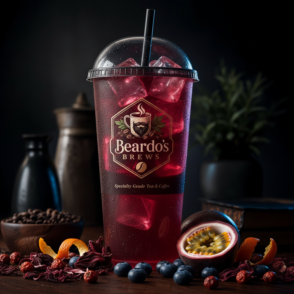 Hibiscus Berry Tea — Beardo's branded cold cup with ruby red iced tea