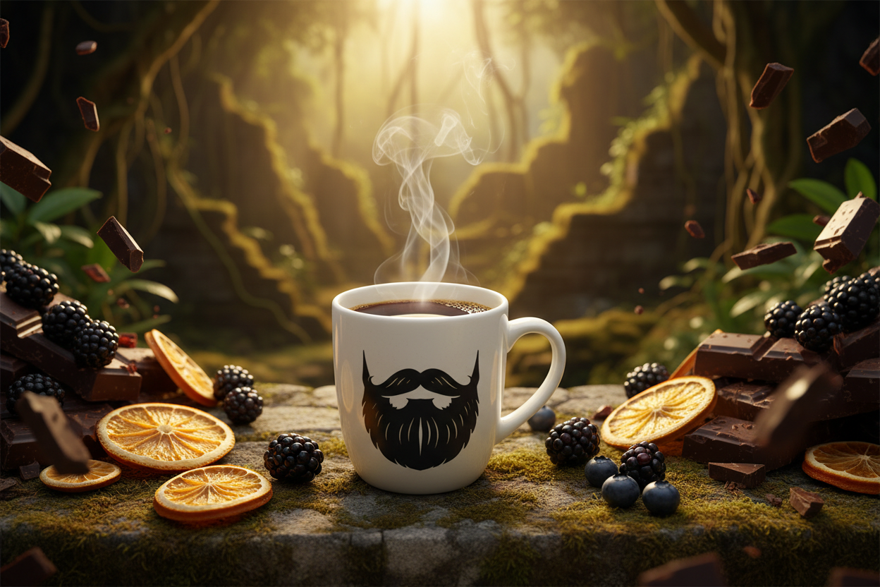 Colombia — steaming Beardo mug surrounded by dried orange slices, fresh dark berries and dark chocolate shards, Colombian jungle vines and ancient Lost City stone ruins behind