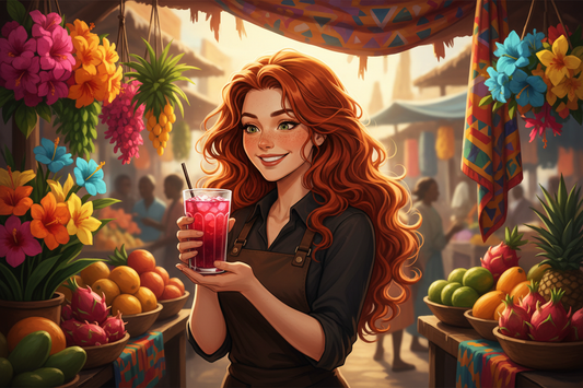 Hazel, Beardo's Brews Ambassador of Good Vibes, at a vibrant Kenyan market stall in Nairobi holding a tall glass of jewel-toned ruby red hibiscus iced tea, eyes wide with delight, surrounded by tropical flowers and colorful market fabrics