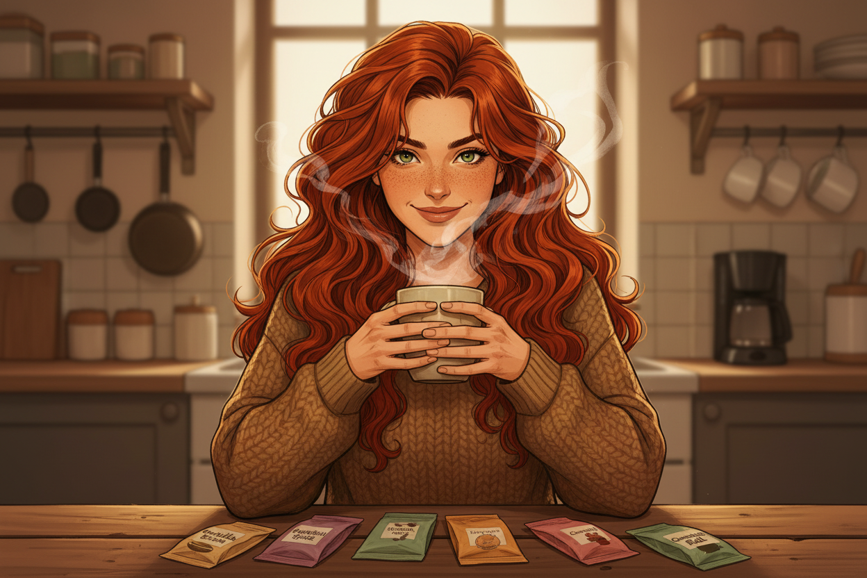 Hazel, Beardo's Brews Ambassador of Good Vibes, sitting at a kitchen table with six flavored coffee sample bags, cradling a steaming mug with a sneaky guilty-pleasure smile, hair loose and wild — publicly prefers single origins, privately loves every single one of these