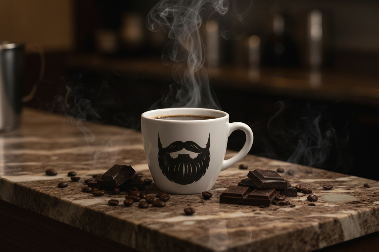 Italian Roast — steaming Beardo mug surrounded by dark roasted coffee beans, bittersweet dark chocolate shards, moody dark Italian café atmosphere behind