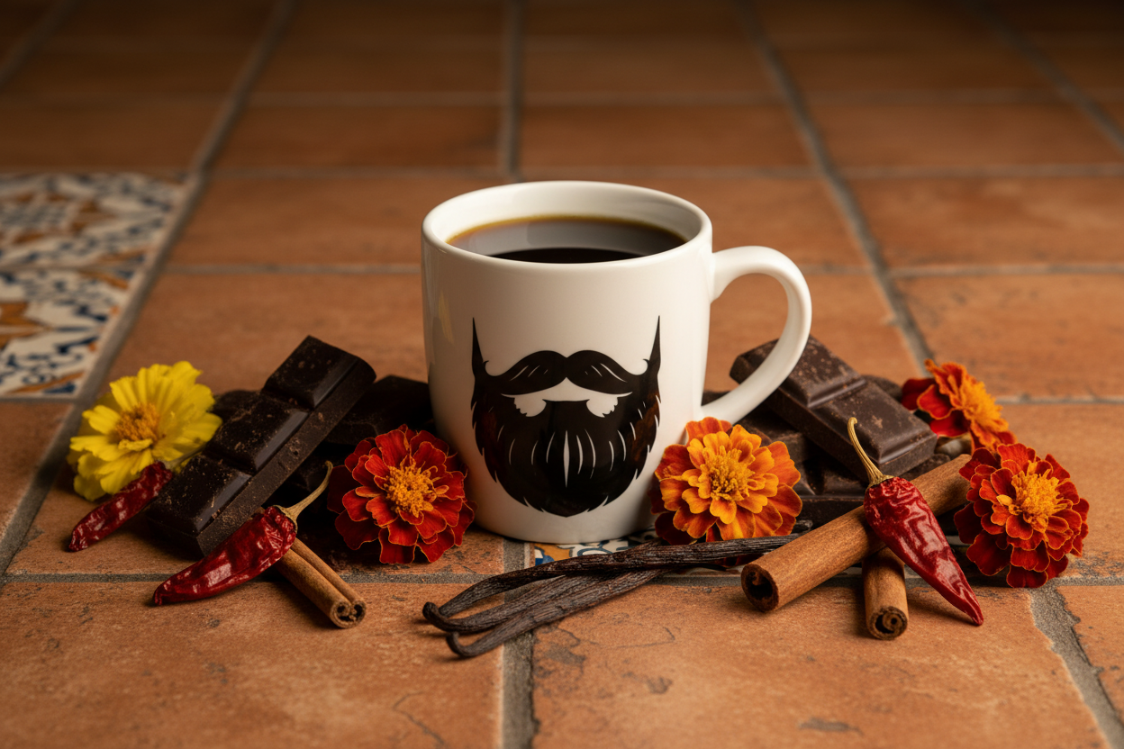 Mexican Chocolate — steaming Beardo mug on rustic Mexican terracotta tile surrounded by dark chocolate chunks, cinnamon sticks, vanilla pods and vibrant orange marigold flowers