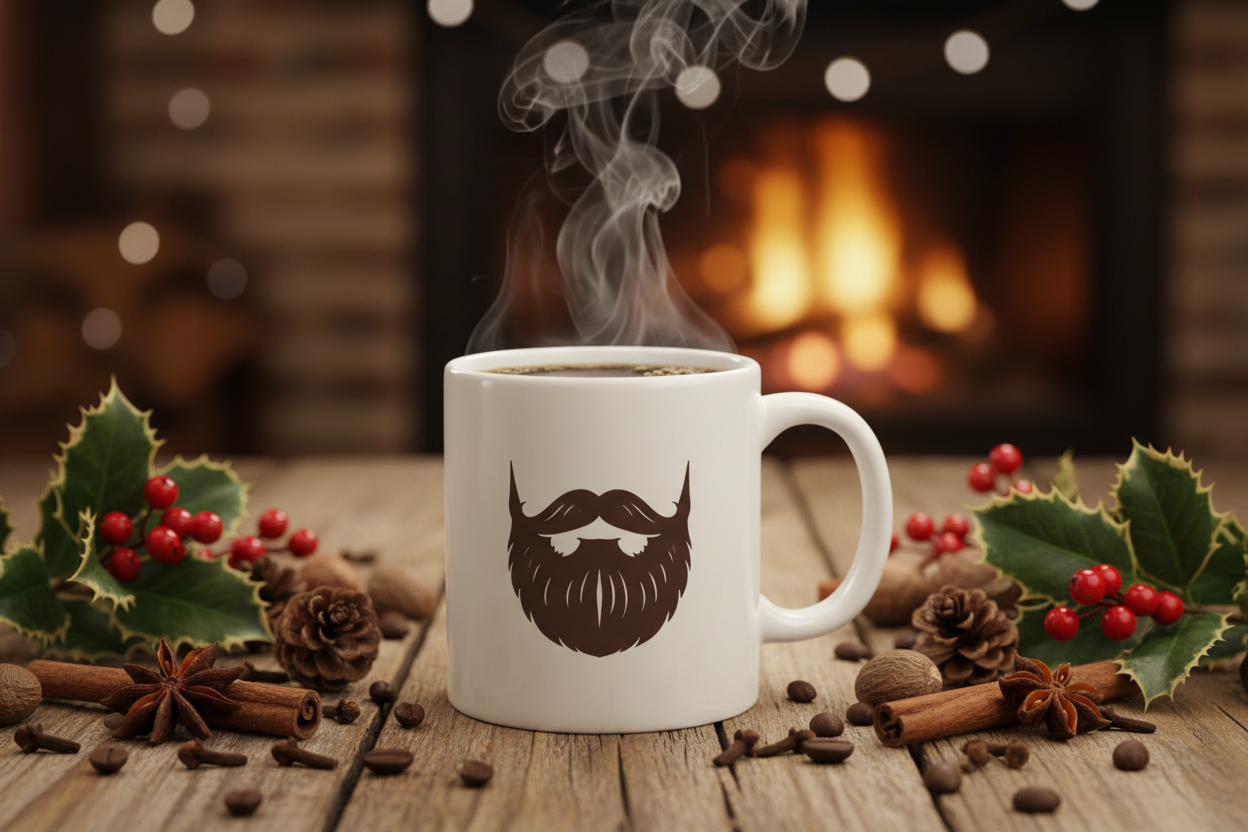 Holiday Blend — steaming Beardo mug surrounded by cinnamon sticks, star anise, pine cones and holly sprigs, warm fairy lights and fireplace glow behind