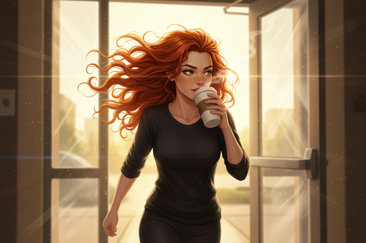 Hazel, Beardo's Brews Ambassador of Good Vibes, mid-stride walking out a door holding a steaming instant coffee cup, already sipping, hair loose and wild flying behind her, morning light streaming in — stirred once, left before the elevator arrived