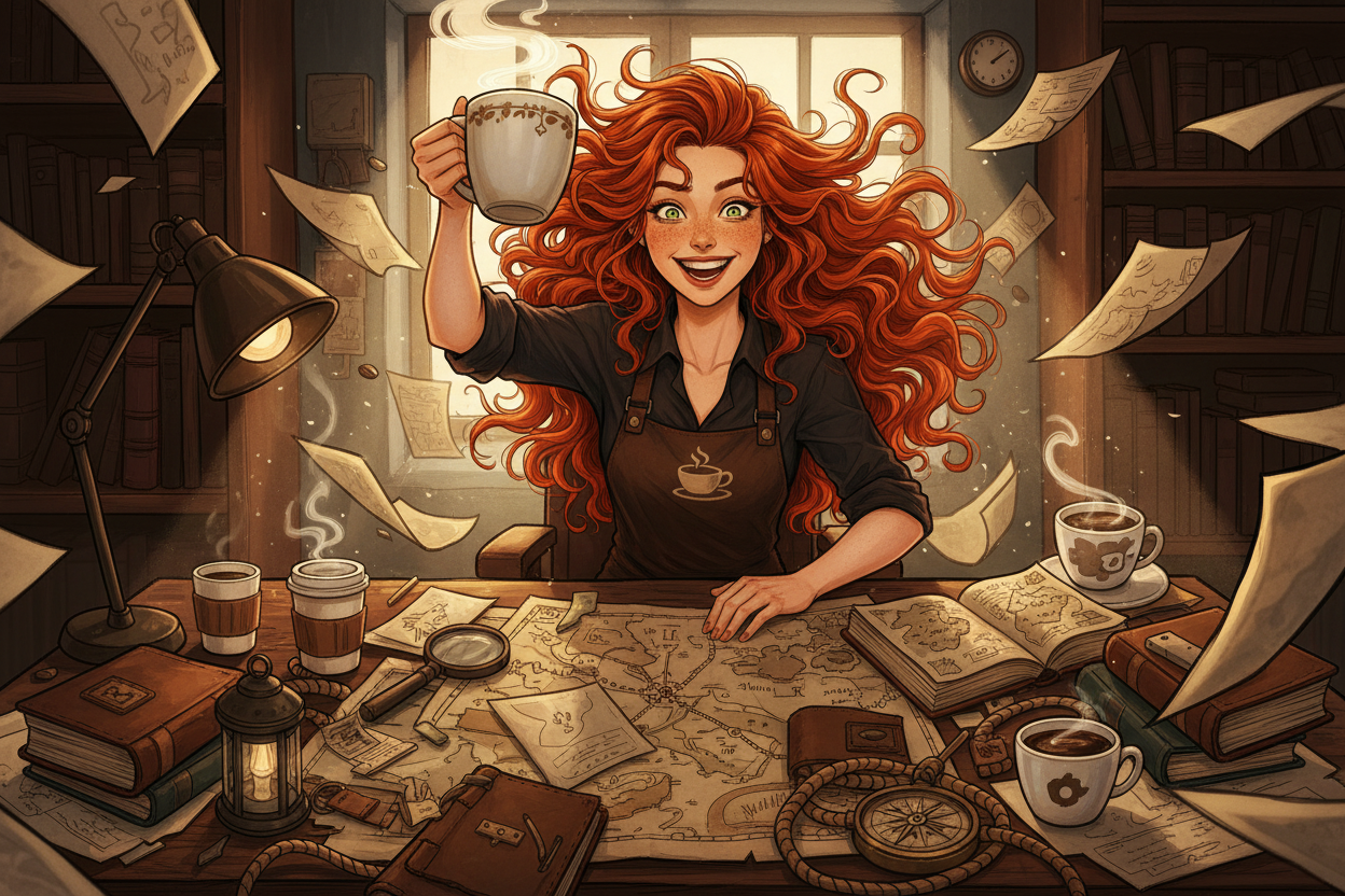 Hazel, Beardo's Brews Ambassador of Good Vibes, at a cluttered 4am desk surrounded by maps, journals and adventure gear, holding a steaming coffee mug up like a trophy, hair absolutely wild and electric, wide awake and thriving