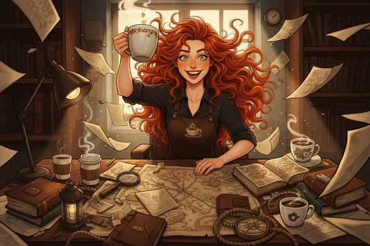 Hazel, Beardo's Brews Ambassador of Good Vibes, at a cluttered 4am desk surrounded by maps, journals and adventure gear, holding a steaming coffee mug up like a trophy, hair absolutely wild and electric, wide awake and thriving