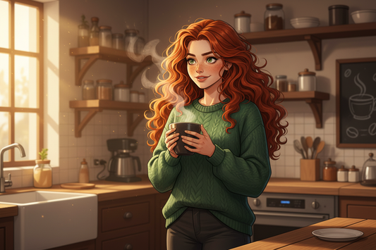 Hazel, Beardo's Brews Ambassador of Good Vibes, standing in a cozy kitchen in early morning holding a steaming coffee mug with both hands, determined wide-awake expression, hair loose and wild, bright morning light — tried the regular, needed more