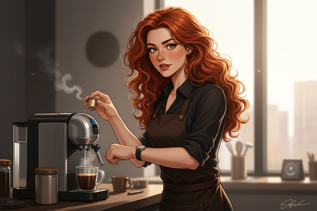 Hazel, Beardo's Brews Ambassador of Good Vibes, at a single serve coffee brewer with a capsule in hand, glancing at her watch, laser-focused, hair loose and wild — 4 minutes to the meeting, zero margin for error