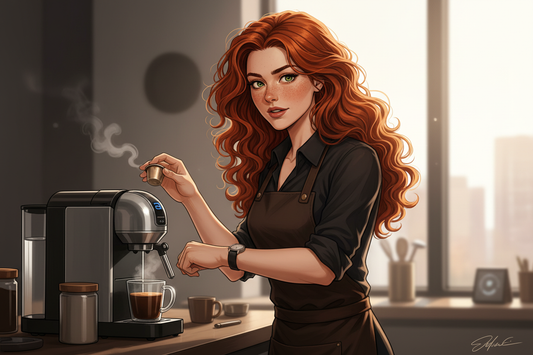 Hazel, Beardo's Brews Ambassador of Good Vibes, at a single serve coffee brewer with a capsule in hand, glancing at her watch, laser-focused, hair loose and wild — 4 minutes to the meeting, zero margin for error