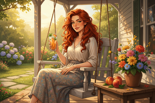 Hazel, Beardo's Brews Ambassador of Good Vibes, on a porch swing on a warm sunny afternoon holding a tall iced peach tea, warm dreamy summer smile, peaches and flowers nearby — she found paradise and is not moving