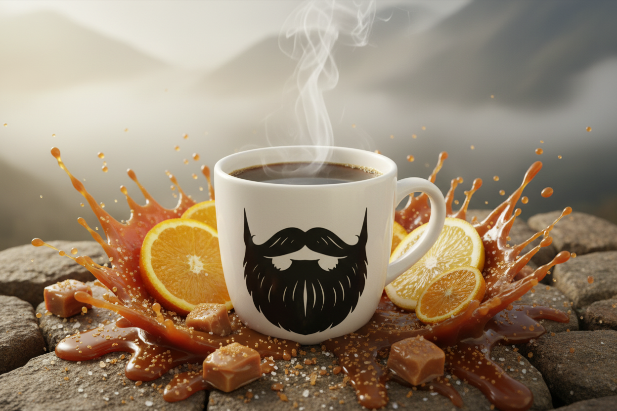 Peru — steaming Beardo mug surrounded by salted caramel drizzle, fresh citrus slices and golden caramel pieces, soft Andean mountain mist behind