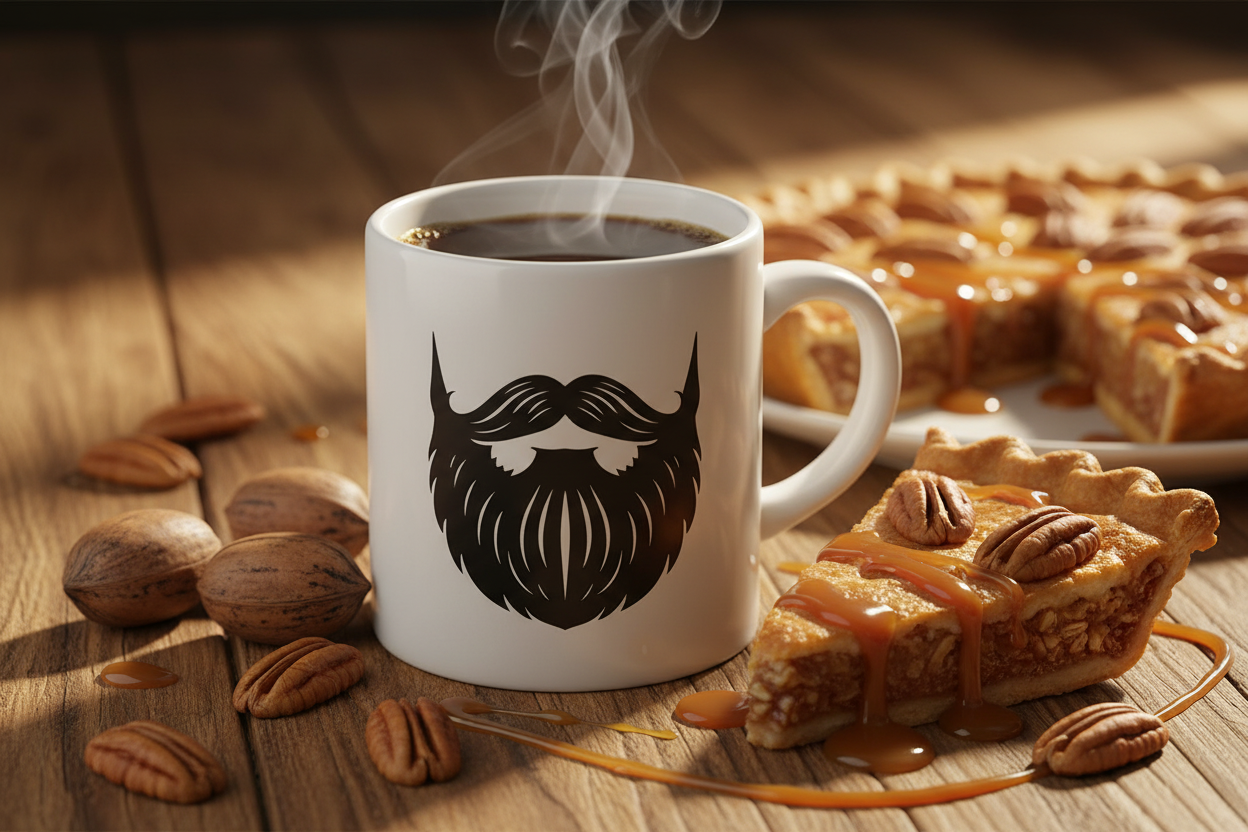 Pecan Pie — Beardo's branded mug with mustache and full beard, surrounded by whole pecans, pecan halves, a slice of golden pecan pie, caramel drizzle, warm amber and brown tones, soft golden Southern light