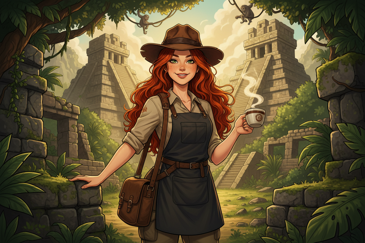 Hazel, Beardo's Brews Chief Global Coffee and Tea Adviser, in her Indiana Jones fedora among ancient Mayan ruins in Guatemala's Antigua region, steaming coffee cup in hand, jungle canopy above