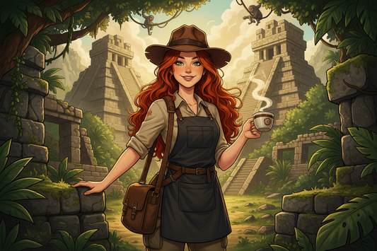 Hazel, Beardo's Brews Chief Global Coffee and Tea Adviser, in her Indiana Jones fedora among ancient Mayan ruins in Guatemala's Antigua region, steaming coffee cup in hand, jungle canopy above